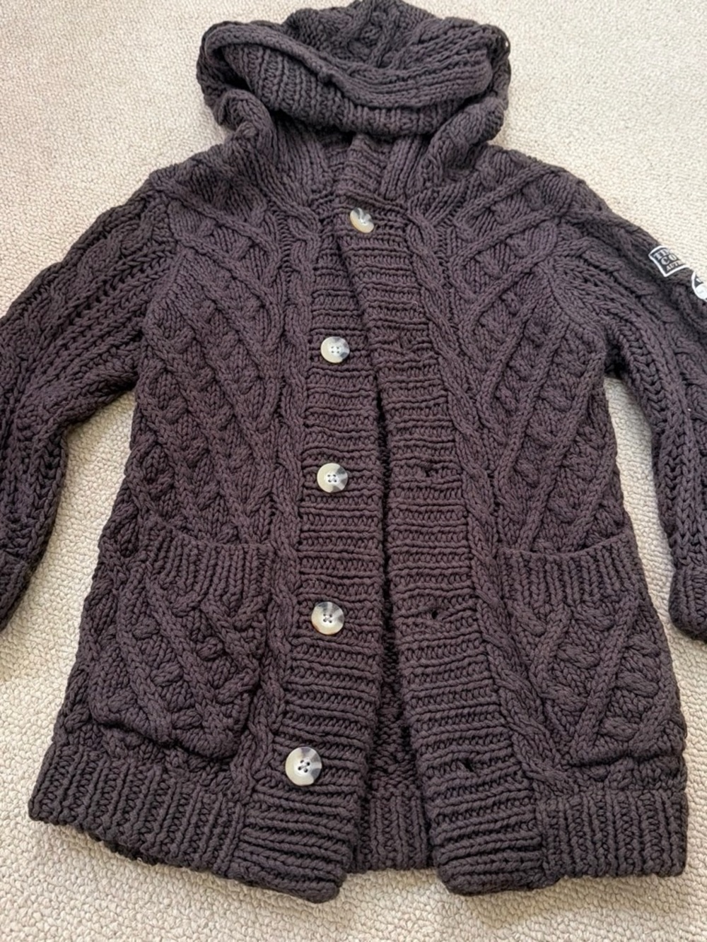 Timberland Dark Brown Hooded Cable Knit Button Sweater